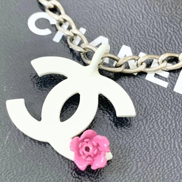 CHANEL Jewelry - CHANEL White CC Logo Pink Red Camellia Flower Necklace 17" Silver Tone 04P Auth